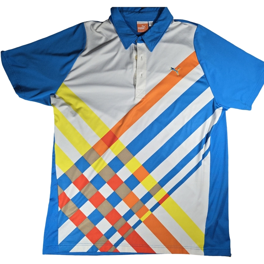 Puma Men's Vibrant Blue and White Polo Shirt Size L